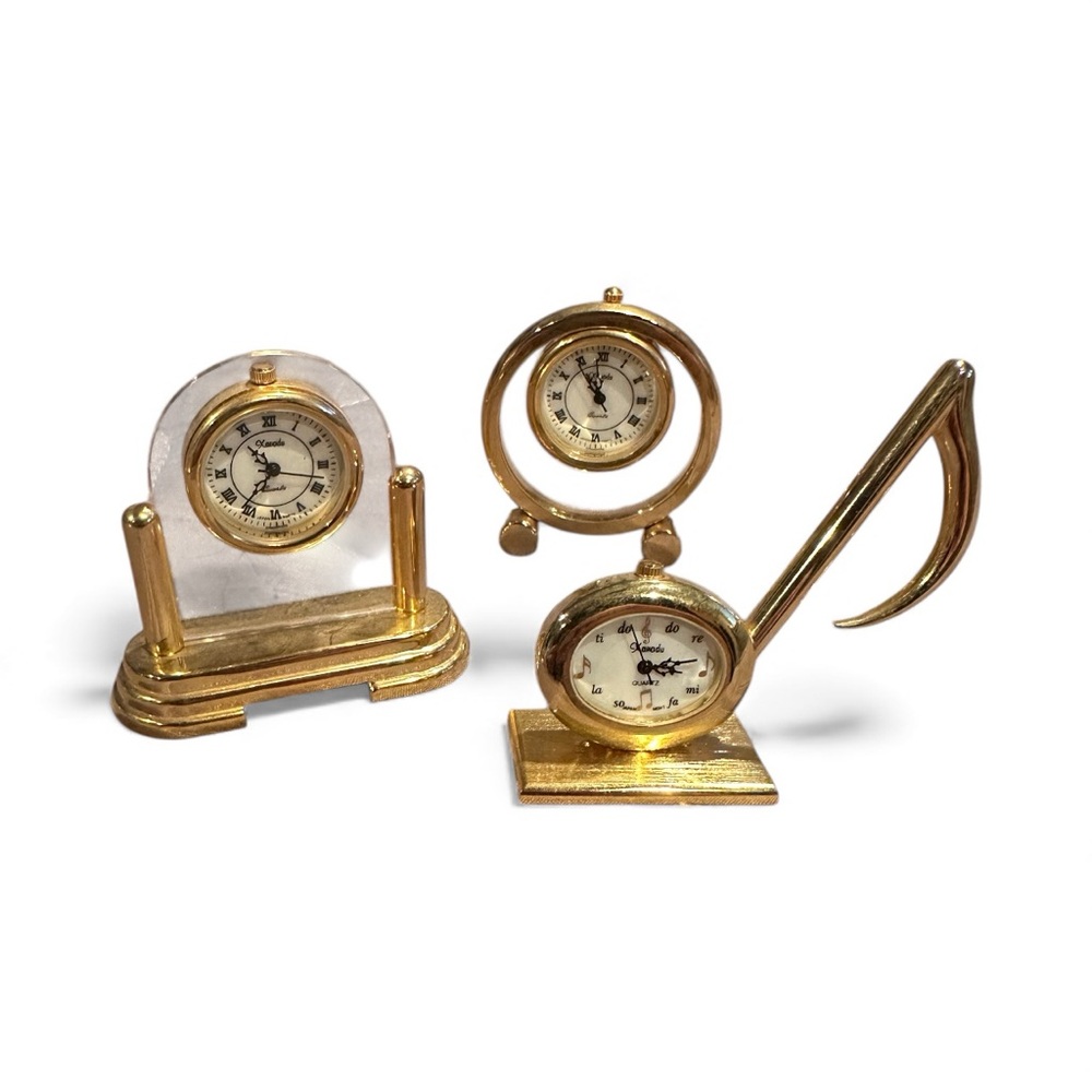 Vintage Set Of Three Vintage Elegant Gold Miniature Desk Clocks Music Note
